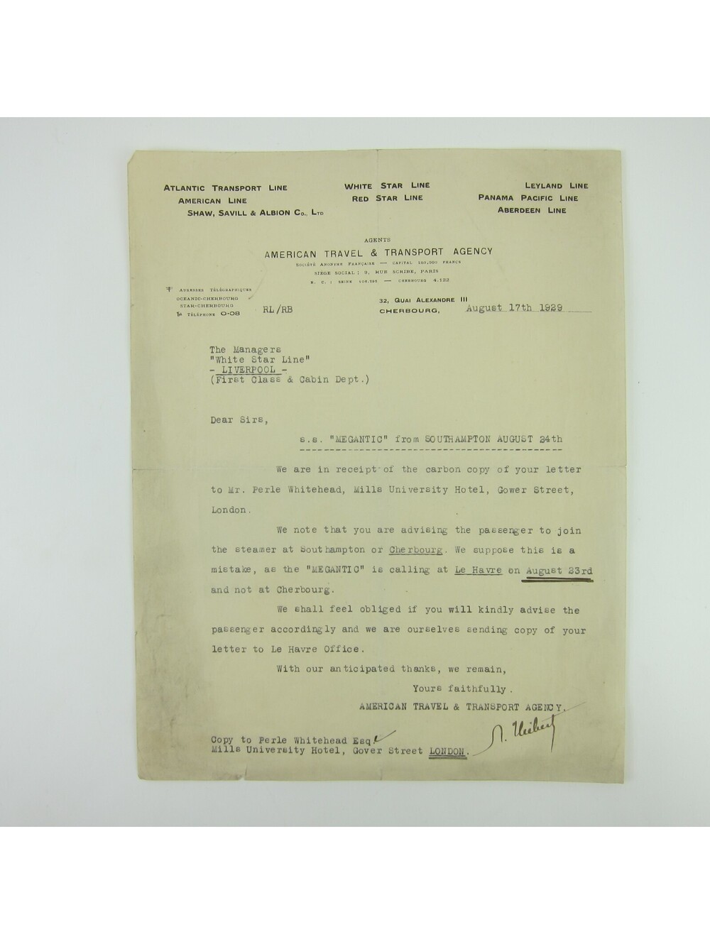 1929 Letterhead American Travel & Transport White Star Lines Perle Whitehead